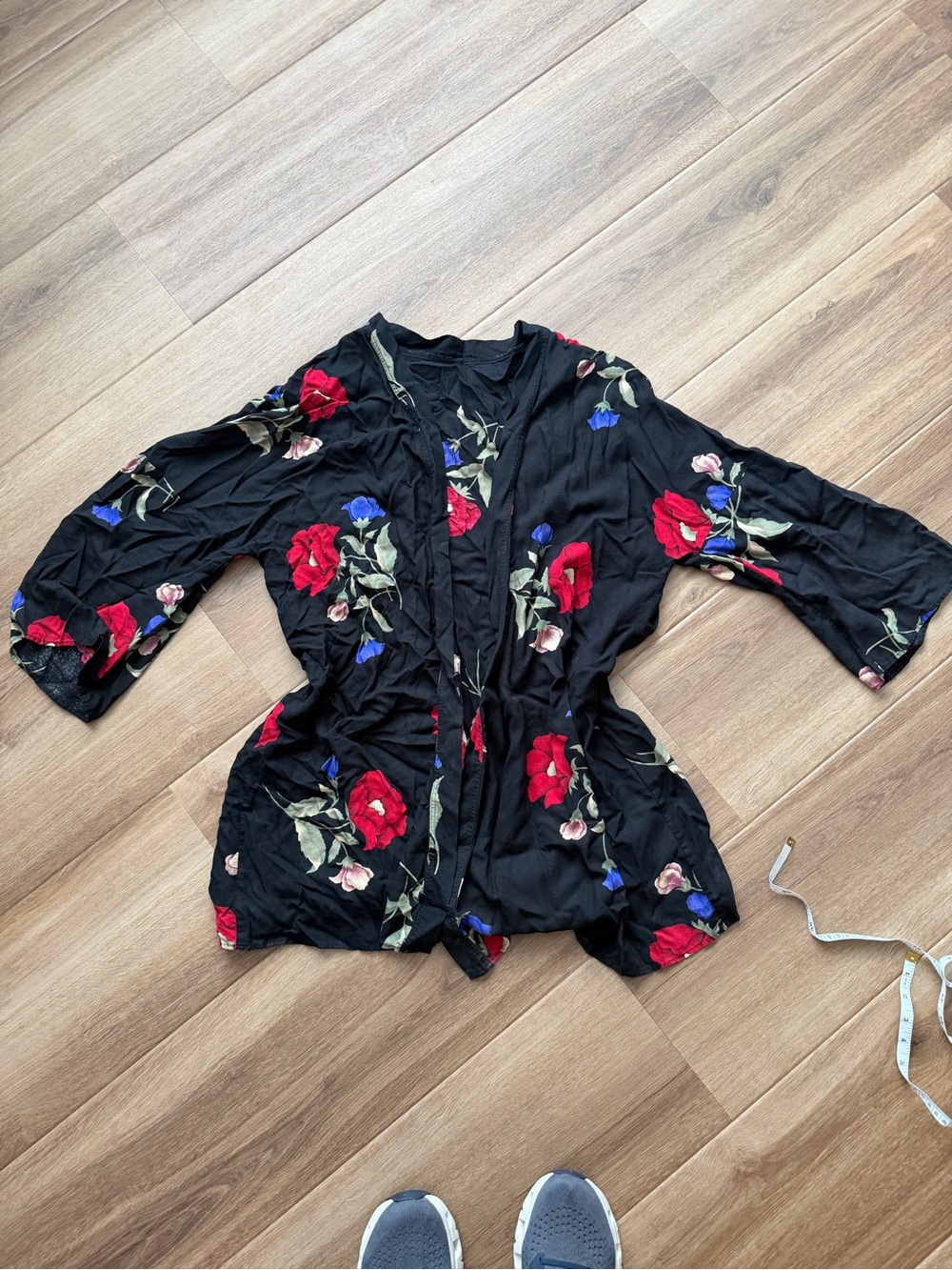 Black Floral Kimono Robe with Red & Blue Rose Print